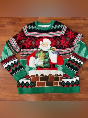 Holiday Time Ugly Christmas Sweater Men Size XL (46-48) 3D Santa Claus Faux Fur
